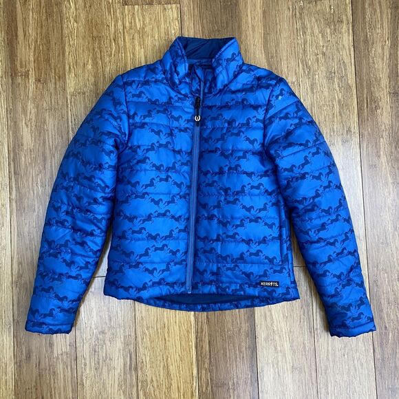 Kerrits Jacket Youth Medium Blue Horse Print Quilted Puffer Equestrian Coat Zip - Picture 1 of 11